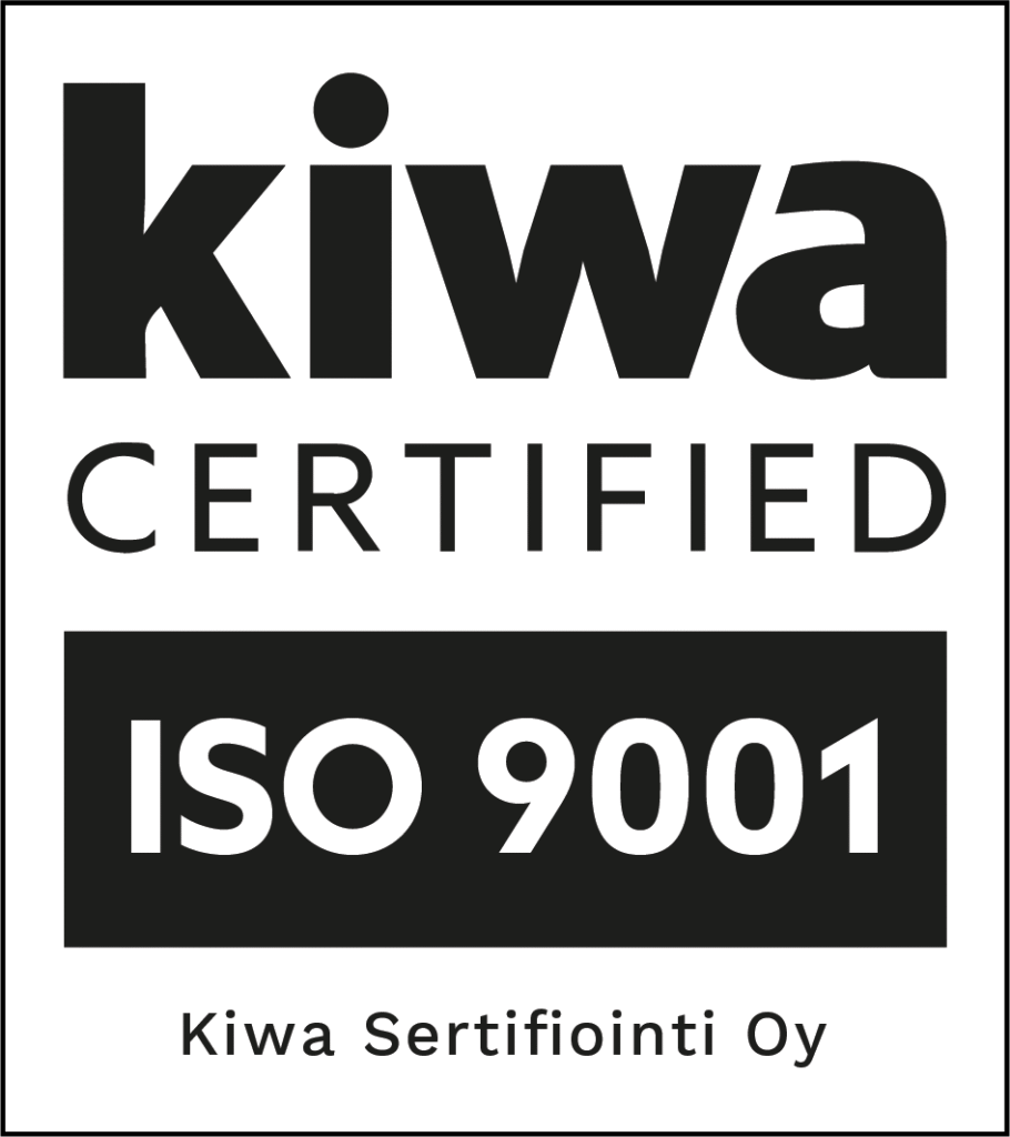 Meillä on Kiwa:n auditoima ISO 9001 laatujärjestelmäsertifikaatti.